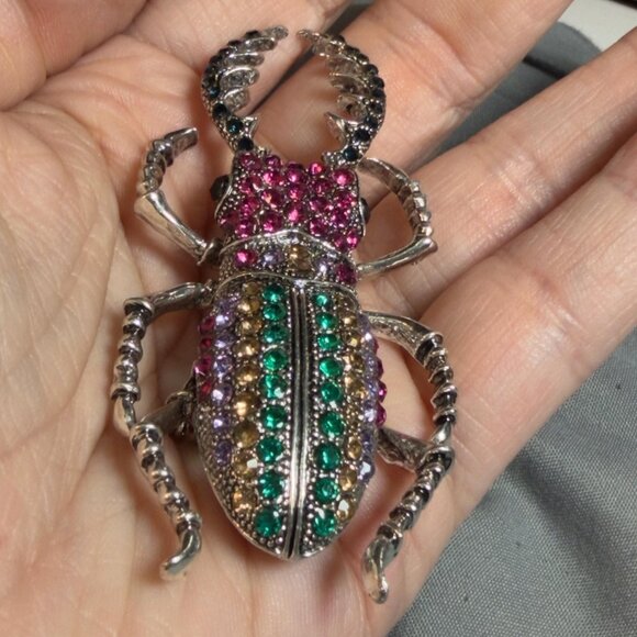 Beetle Brooch Rhinestone Insect Pin 3 inches - Picture 10 of 12